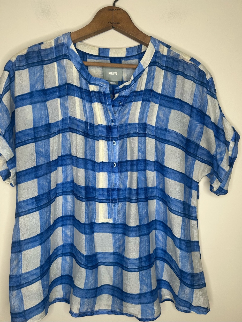 Maeve 100% Silk Blue White Basket Weave Plaid Short-Sleeved Blouse Size S